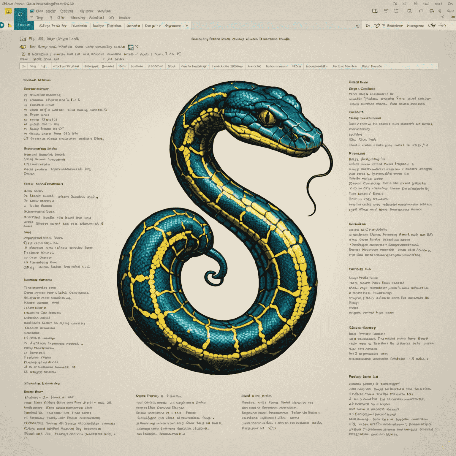 Imagen que muestra un código Python básico en un editor de texto, con símbolos de Python como la serpiente y elementos visuales que representan conceptos de programación para principiantes.